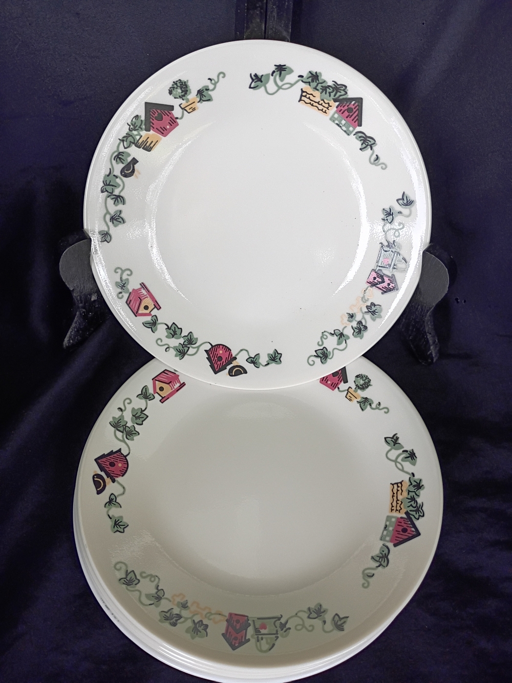 4 Vintage Corning Corelle Garden Home Birdhouse 6 3/4" Bread Snack Plates